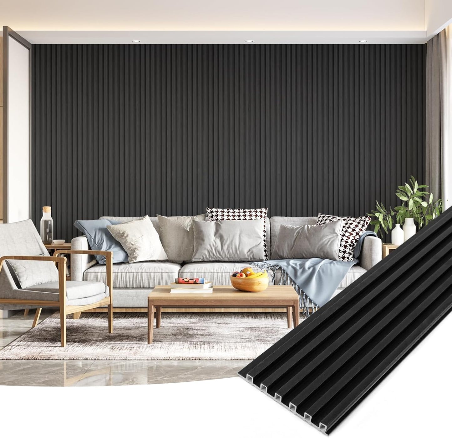 Art3dwallpanels Wood Slat Wall Paneling, 104'' x 6.7'' WPC Soundproof 3D Wall Panels for Interior Wall Decor, 8 Pack Fluted Textured Panel Wall Slats,Black