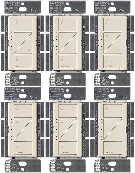 Lutron Caseta Original Smart Dimmer Switch (Lutron Smart Hub Required), for LED Lights, 150 Watt, Single-Pole/3-Way, No Neutral Required, PD-6WCL-LA, Light Almond, 6 Pack