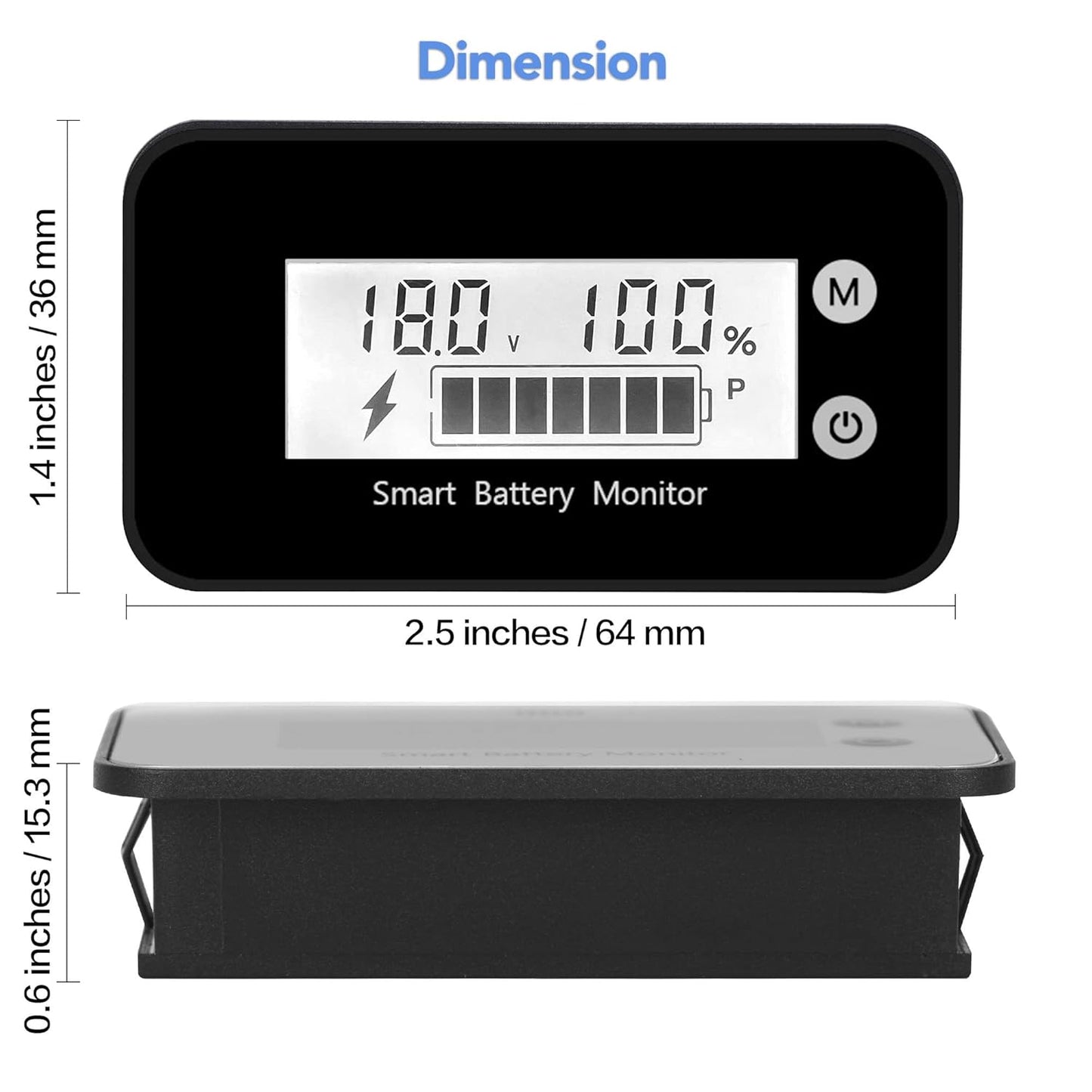 Waterproof Battery Monitor with Bracket 7-100V,Car Motorcycle Golf cart Meter Digital Battery Capacity Remaining Capacity Percentage Tester with Buzzer Alarm and Temperature (White)