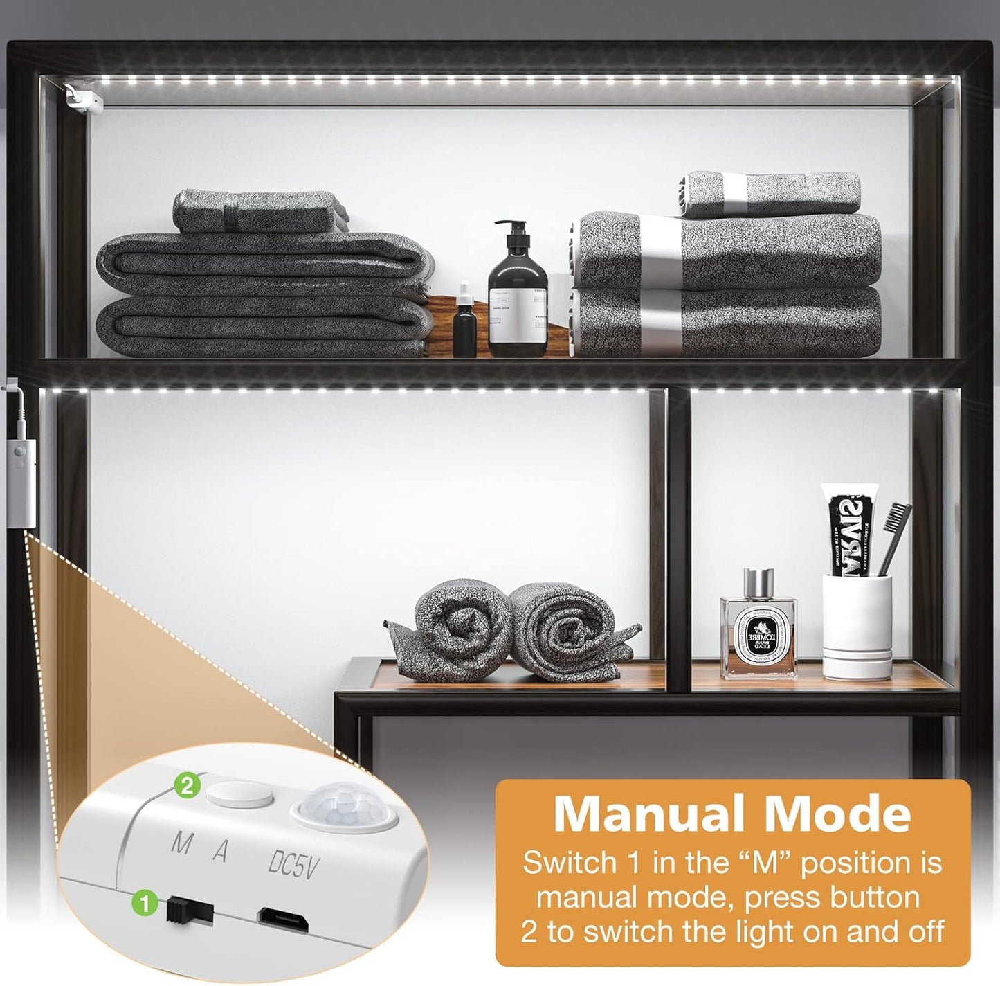WOBANE Motion Sensor Stair Strip Lights,Rechargeable Motion Activated Closet Light,Battery Powered LED Strip,60 LEDs Homelife Bar for Bed,Pantry,Counter,Night Light,Cabinet,6000K White,6.56ft,2PCS