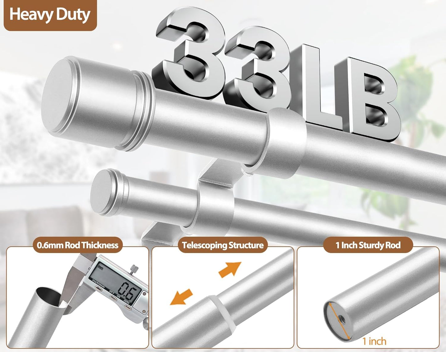 Double Curtain Rod 36 to 72 Inch, HOTOZON 1 Inch Heavy Duty Double Curtain Rods for Windows 24 to 68 Inches(2-5.6 ft), Telescoping Drapery Rod with Simple End Finials, Silver