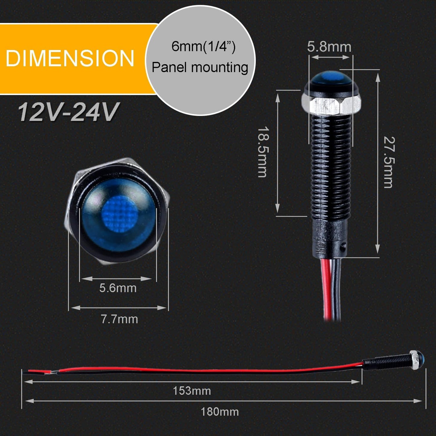5pcs 6mm LED Indicator Light Plastic Black Signal Dot Lamp 12V-24V 1/4" Mounting Hole Size with 15cm/5.9in. Wire (Blue LED)