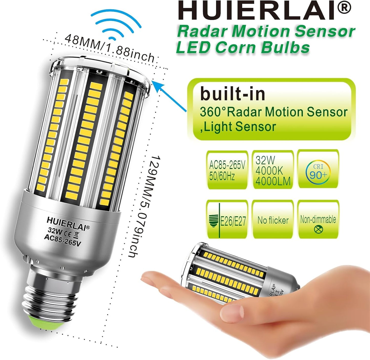 A19 Radar Motion Sensor LED Light Bulbs, E26 32W Cool White 4000K 4000LM (300W Equivalent) Auto Motion Smart Activated Dusk to Dawn Light for Stairway, Hallway, Porch, Garage, Driveway, Patio, 2 Pack