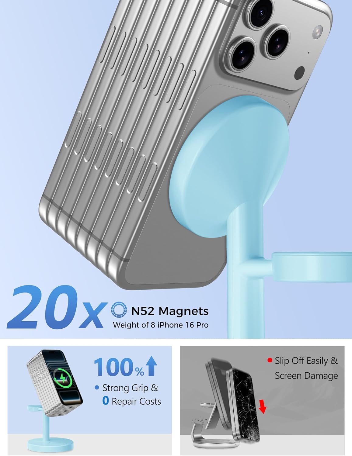 2025 3 in 1 Wireless Charging Station Compatible with MagSafe, 15W Fast Magnetic Mag-Safe Charger Stand for Apple iPhone 17 16 15 14 13 12 Series iWatch AirPods Pro 4 3 2, Iceblue