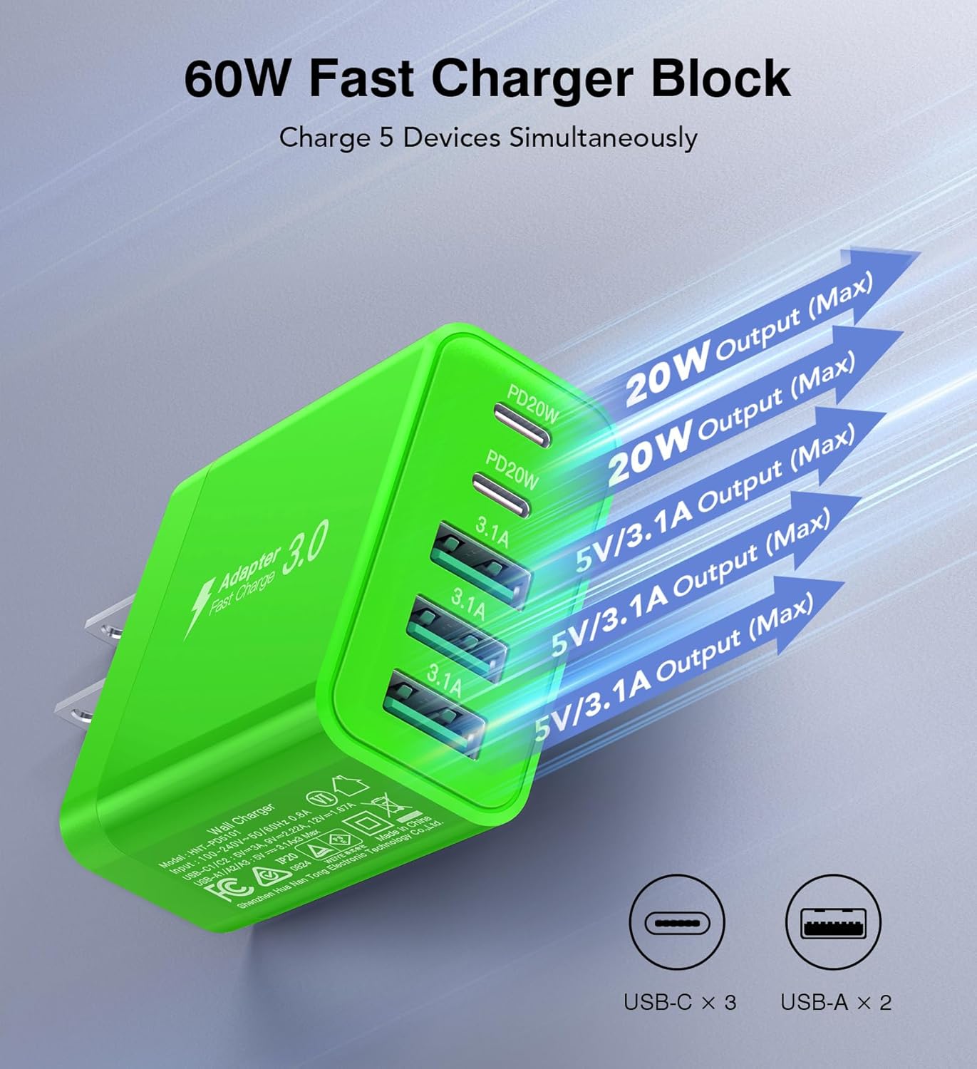 [2-Pack] USB C Wall Charger, 60W Fast USB C Charger Block, 5-Port PD Power Adapter + QC Wall Plug Multiport Type C Charging Block Cube Compatible with iPhone 17 16 15 14 13 12 Pro Max XR XS, Green