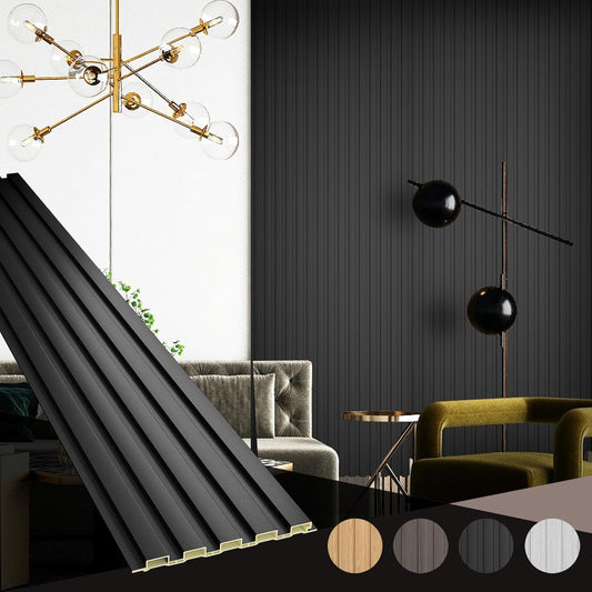 OUZUGIE WPC Acoustic Slat Wall Paneling, 8-Pack 114 x 6 Inches 3D Wall Panels for Interior Wall Decor,Living Room,TV Background,Study Room,Office Spaces,Bedroom,Low Grille (Black)