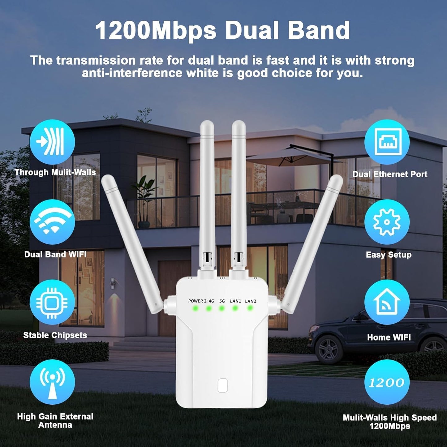 WiFi Extender Signal Booster,WiFi Extender, 5G WiFi Booster (Up to 10000sq. ft for 55+ Devices), WiFi Repeater with 4 Antennas 360° Coverage, WPS 1-Tap Setup with Dual Band 1200Mbps (White)