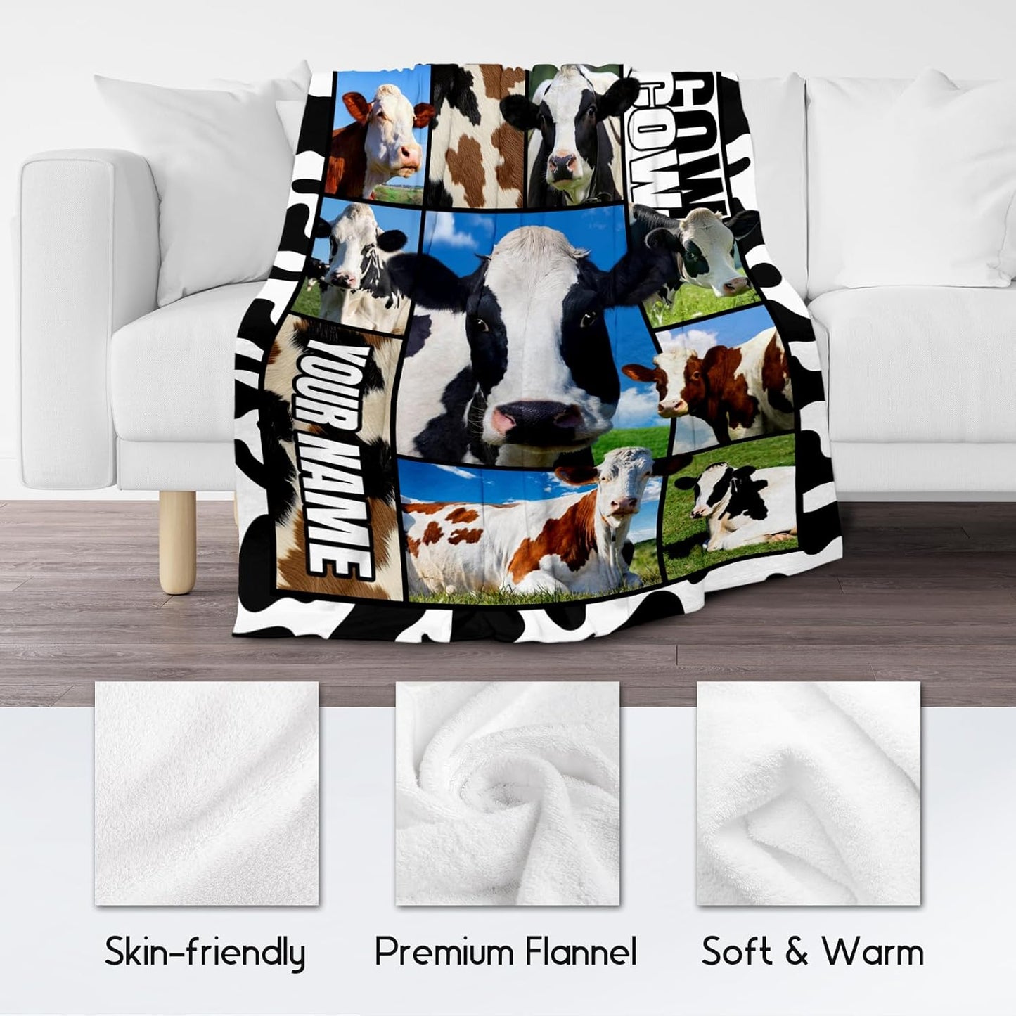 Custom Cow Blankets and Throws, Personalized Cow Gifts for Women Girls, Soft Fluffy Fuzzy Farmhouse Blanket Country Home Decor, 40"x50" Animal Pattern Throw for Couch Sofa