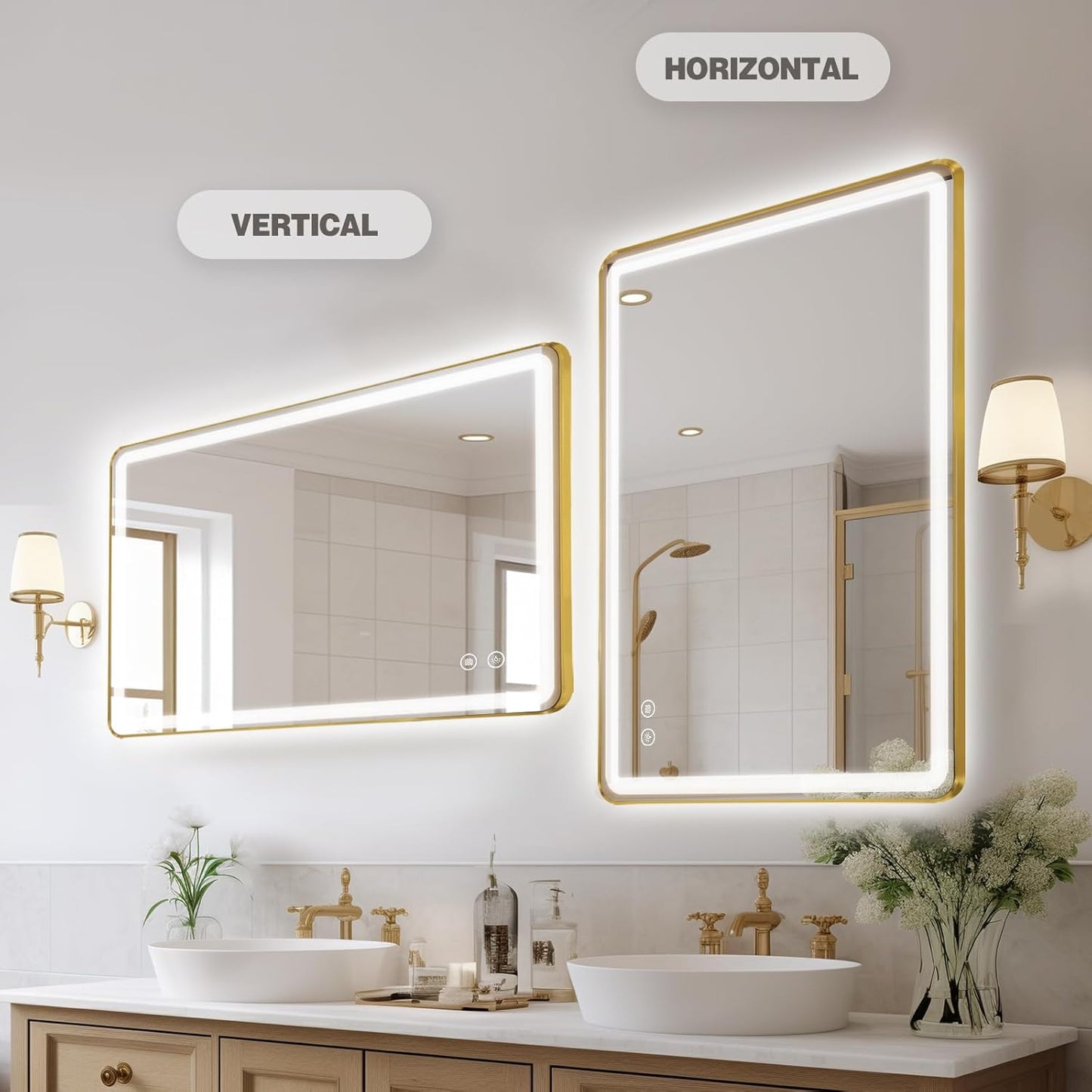 Niccy LED Bathroom Mirror with Lights, 36"x24" Vanity Mirror for Wall Makeup Mirror with Front and Backlit Anti-Fog 3 Colors and Dimmable Light Smart Rectangle Mirror for Bathroom, Gold
