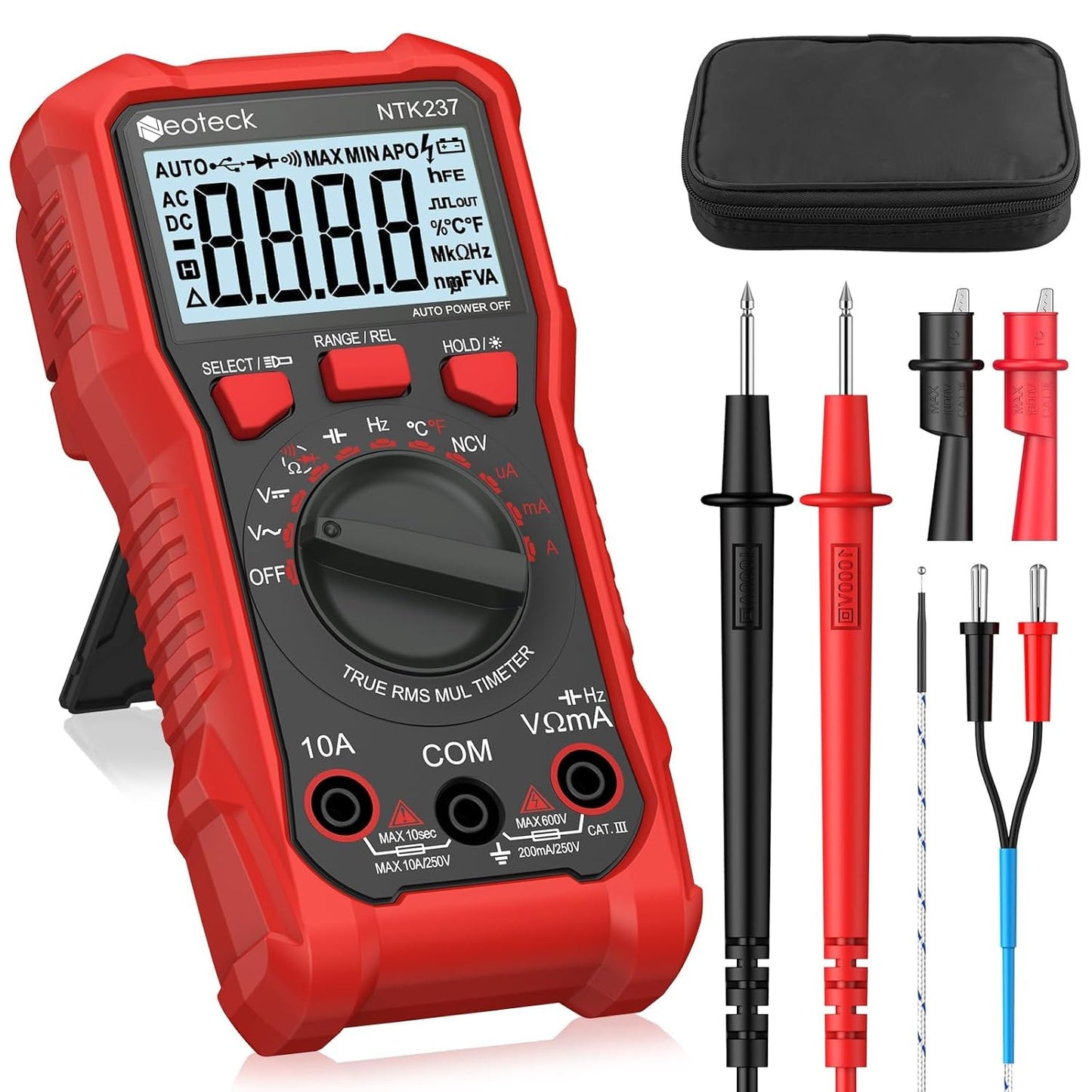 Neoteck 2000 Counts Digital Multimeter Voltmeter Tester with NCV, LCD for AC/DC Voltage&Current, Resistance, Capacitance, Live Wire, Frequency, Temperature, Duty Cycle, Continuity, Diode Measuring-Red
