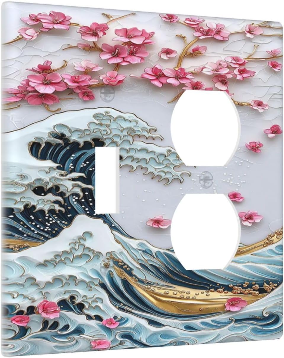 Wallplates The Great Wave Off Kanagawa With Sakura 1 Toggle 1 Duplex Switch Plate Electrical GFCI Faceplate Decorative Light Switch Covers for Bedroom Bathroom Decor