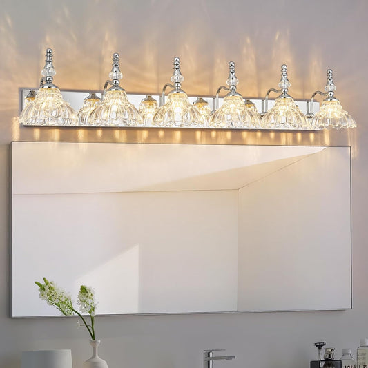 Vintage Bathroom Vanity Light, 6-Light Chrome Vanity Lighting Fixture with Flower Glass Shade, Bathroom Lighting Fixtures Over Mirror