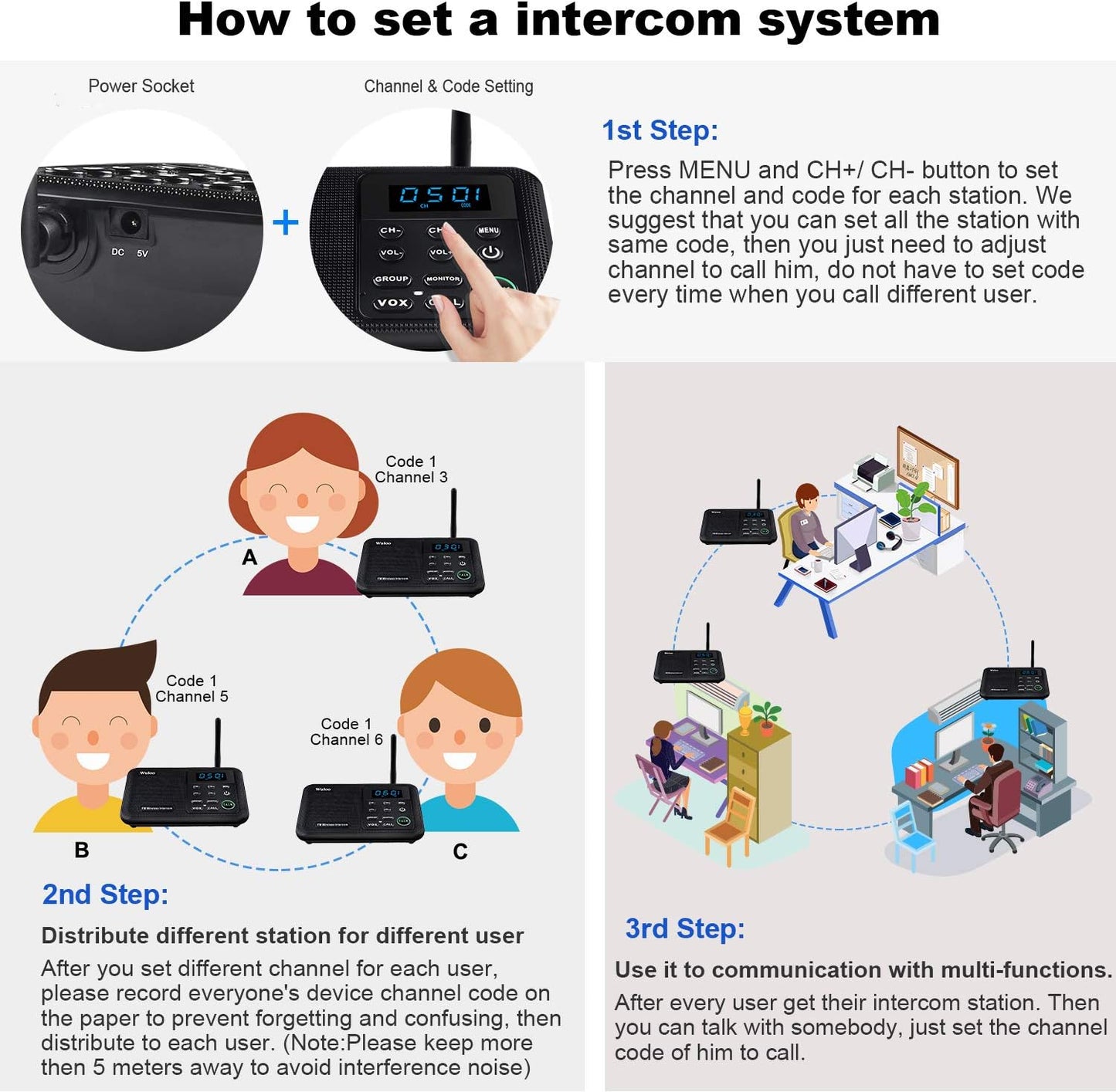 Wuloo Intercoms Wireless for Home 1 Mile Range 22 Channel 100 Digital Code Display Screen, Wireless Intercom System for Home House Business Office, Room to Room Intercom Communication(4Stations Black)