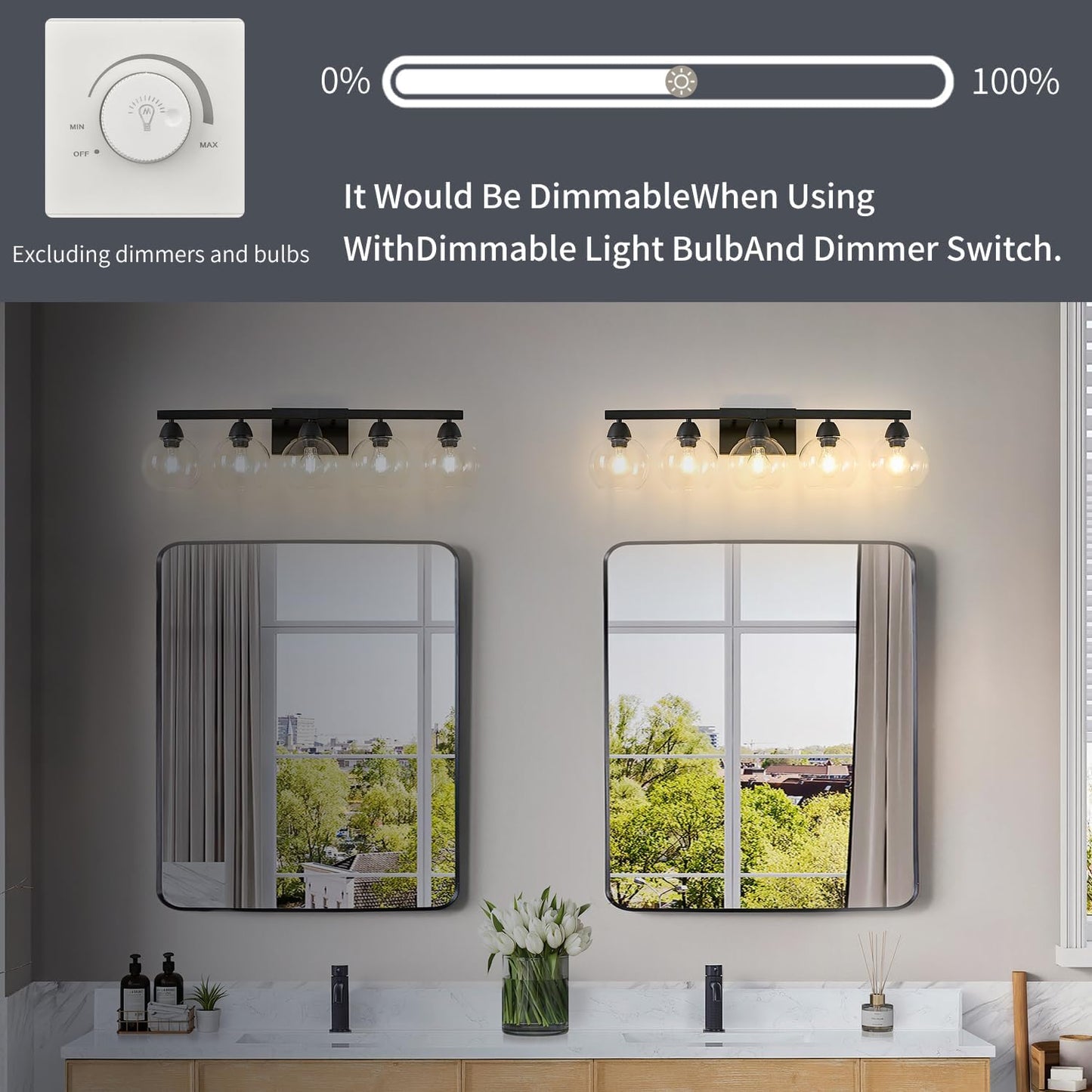 5-Light Bathroom Light Fixtures, Black Vanity Light with Premium Hand-Blown Glass Shades, Ultra-Clear & Impact-Resistant, Wall Lamp for Mirror, Living Room, Kitchen