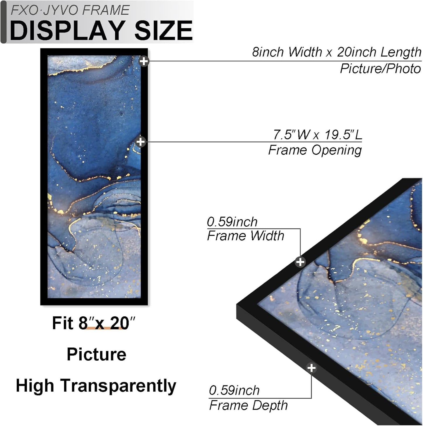 8x20 Picture Frame Set of 3, Black Frame for 8 x 20 Inch Picture Poster Photo, Light Weight and High Transparent 8 by 20 Frame for Wall - 3 Pack/Black/8"x20"
