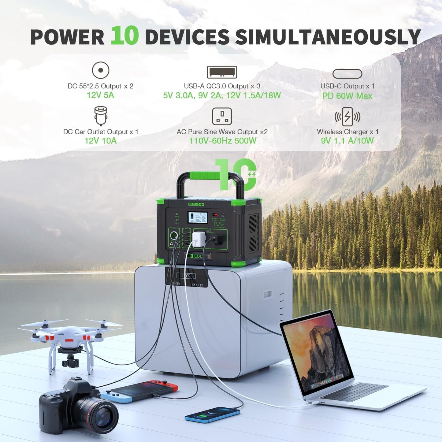 Portable Power Station EBL 500W, 519Wh Solar Generator with 2 AC 110V Outlets, USB-C PD 60W Fast Charging, 10 Ports including Wireless Charger for Camping RV Emergency Off-Grid Living (Peak 1000W)