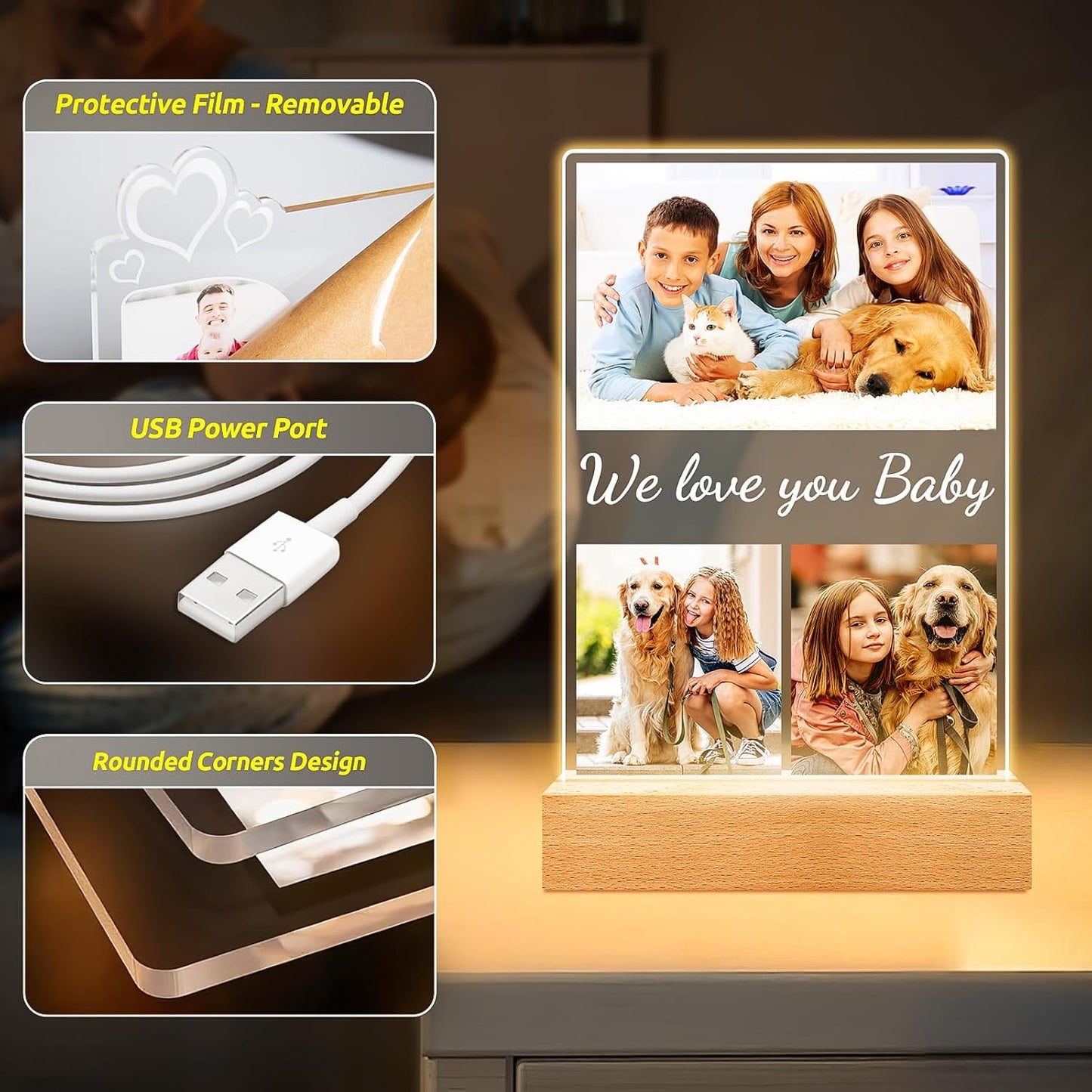 Custom Collage Picture Frames with Photo, Personalized Photo Frame with Night Light, Personalized Picture Frame, Customized Birthday Gifts for Baby Kids Girls Boys Pet Friends Family