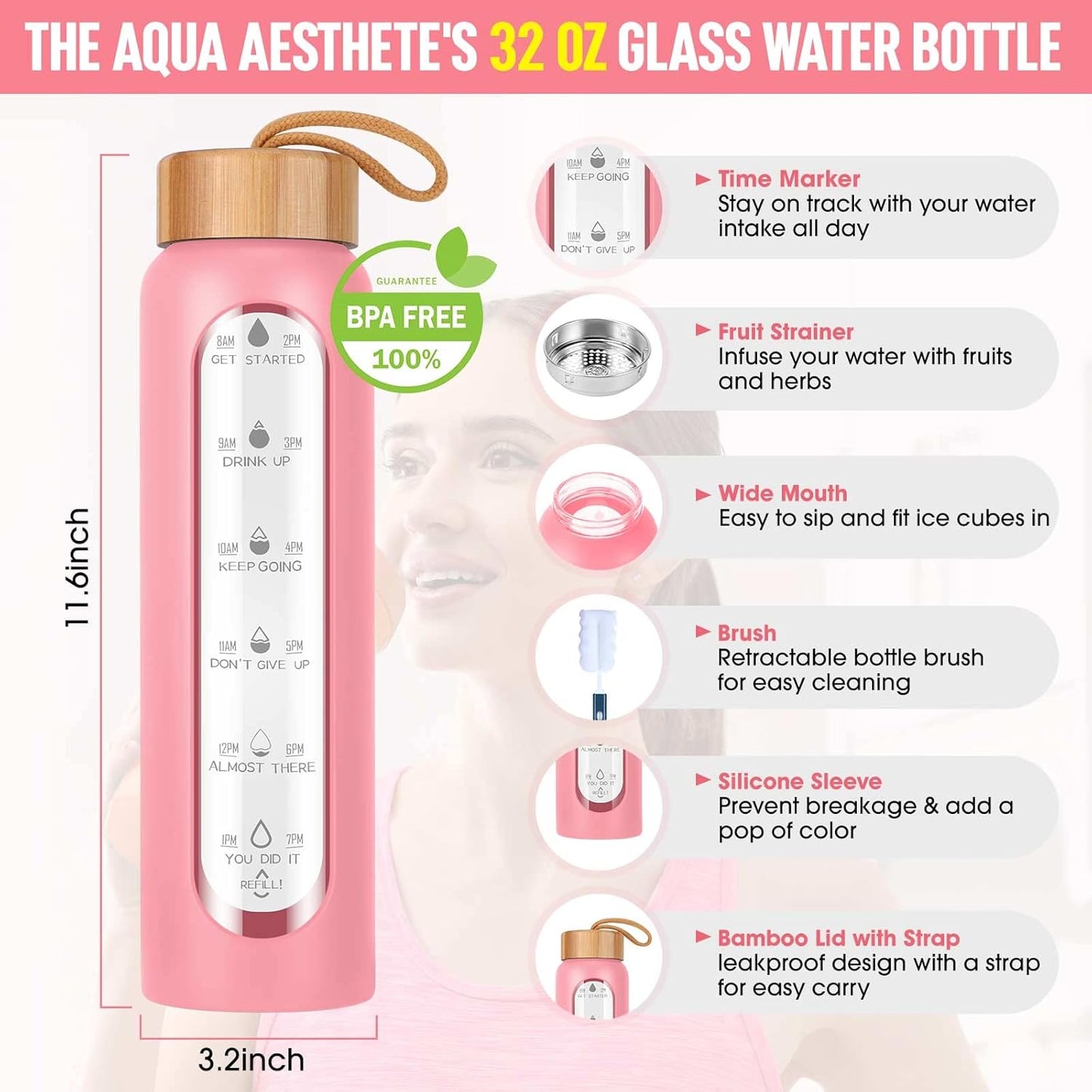 Aqulea Glass Water Bottles 25 Oz with Silicone Sleeve - BPA Free Reusable Wide Mouth Glass Motivational Water Bottles with Fruit Infuser – Leak Proof Borosilicate Water Bottle with Time Marker (Pink)