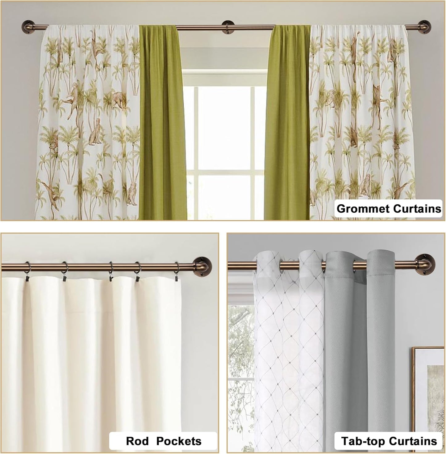 Industrial Curtain Rods 18 to 144 in,Blackout Curtain Rod,Adjustable Length,1 in Diameter Pipe,with Aluminium Finials (Antique Brass, 18” to 144”)