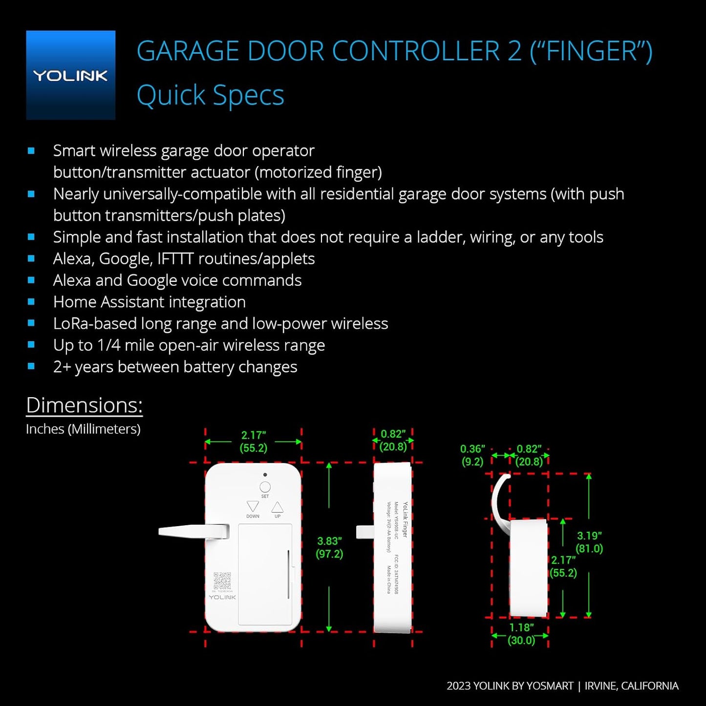 YoLink Finger - Remote Control Existing Garage Door Opener, 1/4 Mile World's Longest Range Garage Door Operator Controller, YoLink Hub Required