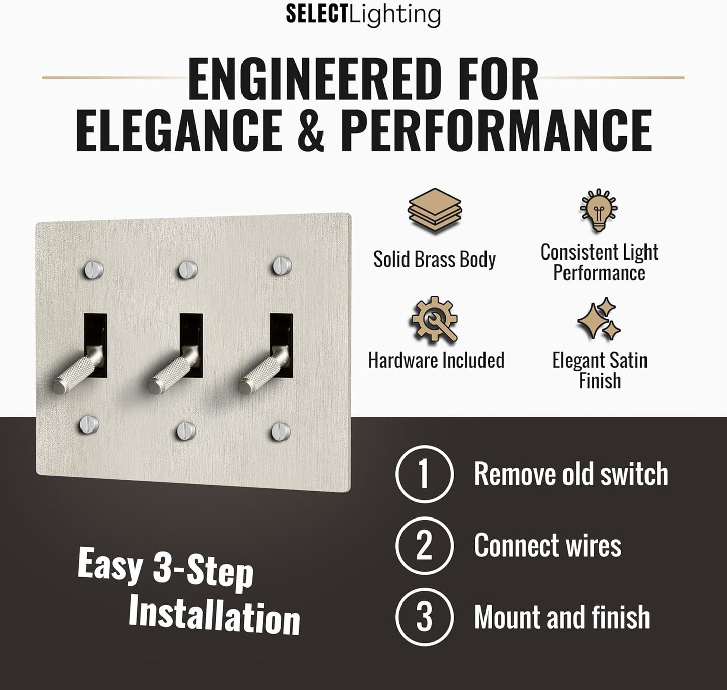 Select 15A 120V AC 3-Gang Toggle Switch, Vintage Satin Nickel Plated Single Pole 3 Way Compatible Wall Mount Toggle Switch, Included Faceplate & Switch Module, UL Listed