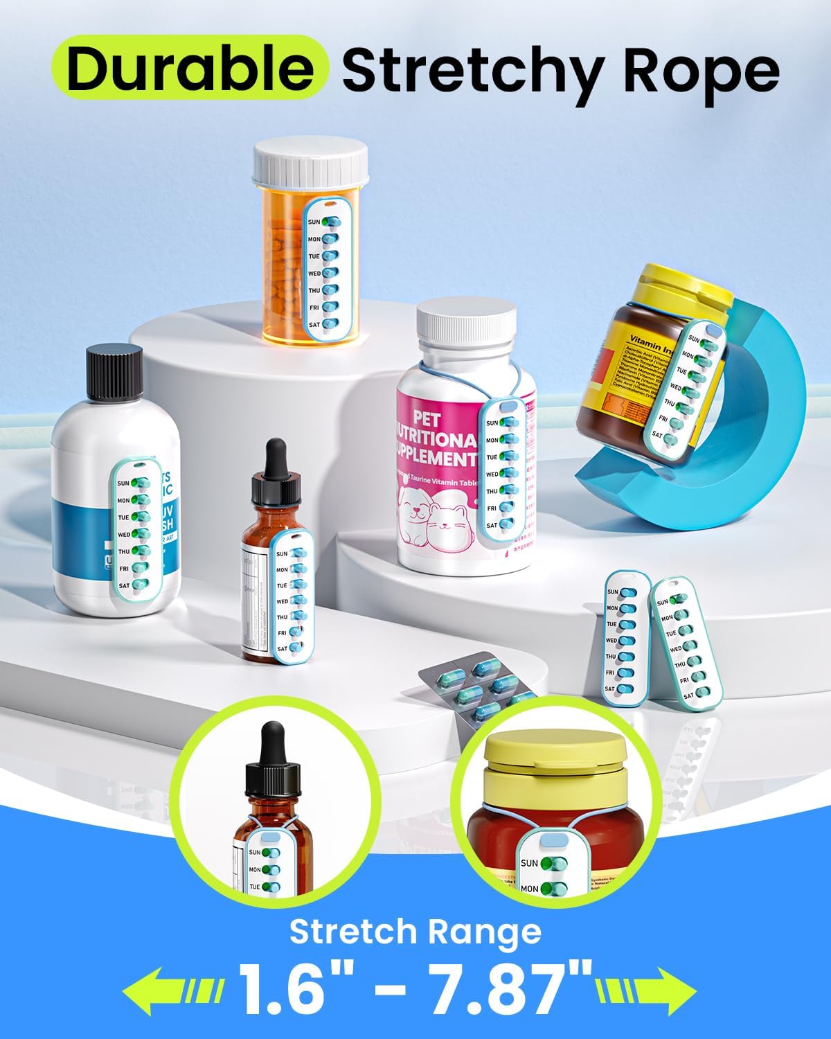 Odaro 2 Pack Pill Reminder, Lanyad or Sticker Pill Tracker, Work with Most Bottles, Reusable Medication Tracker Replacement of Vitamin Weekly (7 Day) Medicine Organizer