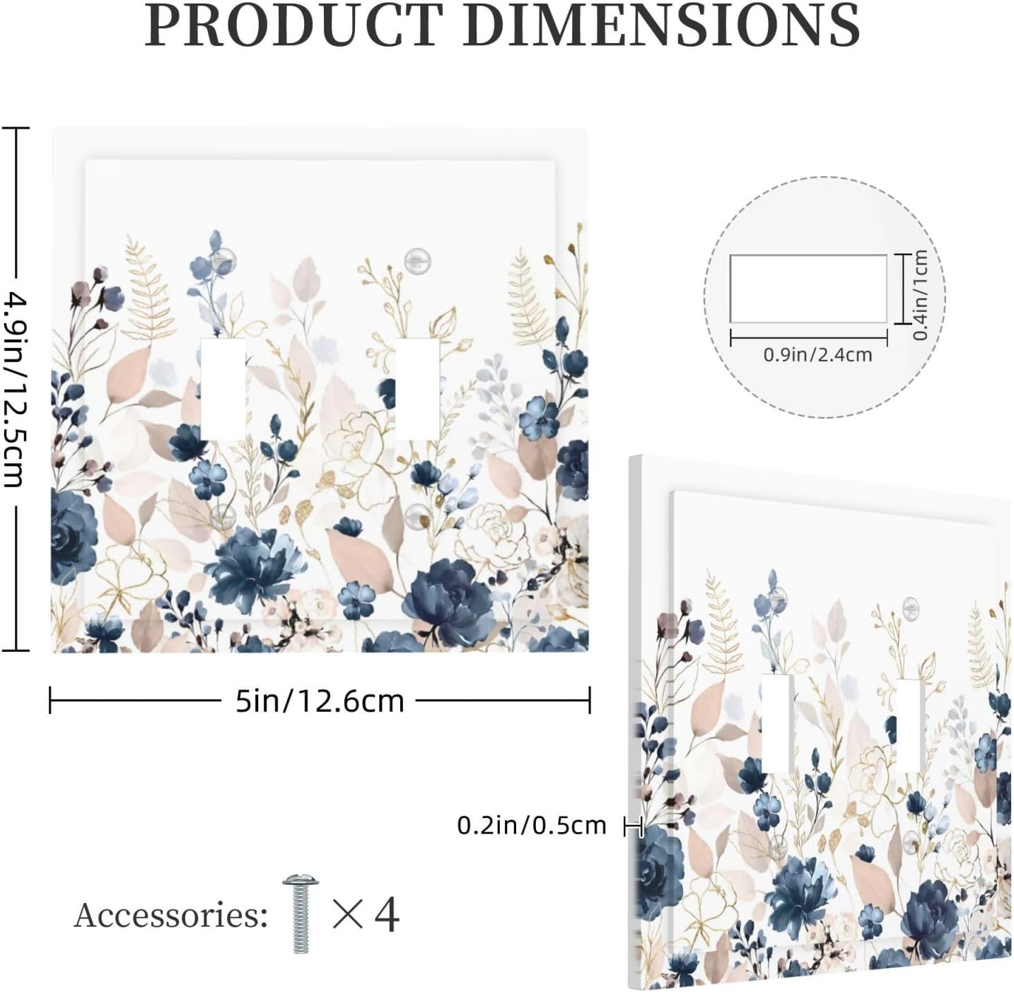 Blue Flora Boho Vintage Flower Golden Leaves Decorative Switch Plates 2 Gang Double Toggle Outlet Light Switch Cover Wall Plate Electrical Faceplate for Bedroom Living Room Decor