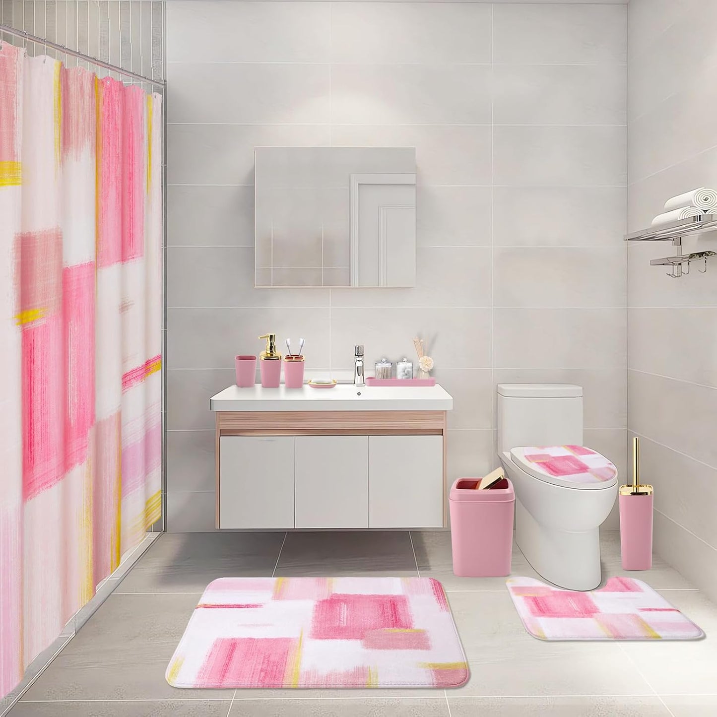 Bathroom Set - Pink and Gold Bathroom Accessories Set, Bathroom Sets with Shower Curtain and Rugs, Pink Shower Curtain Set with Bathroom Trash Can, Soap Dispenser, Soap Dish for Home Decor