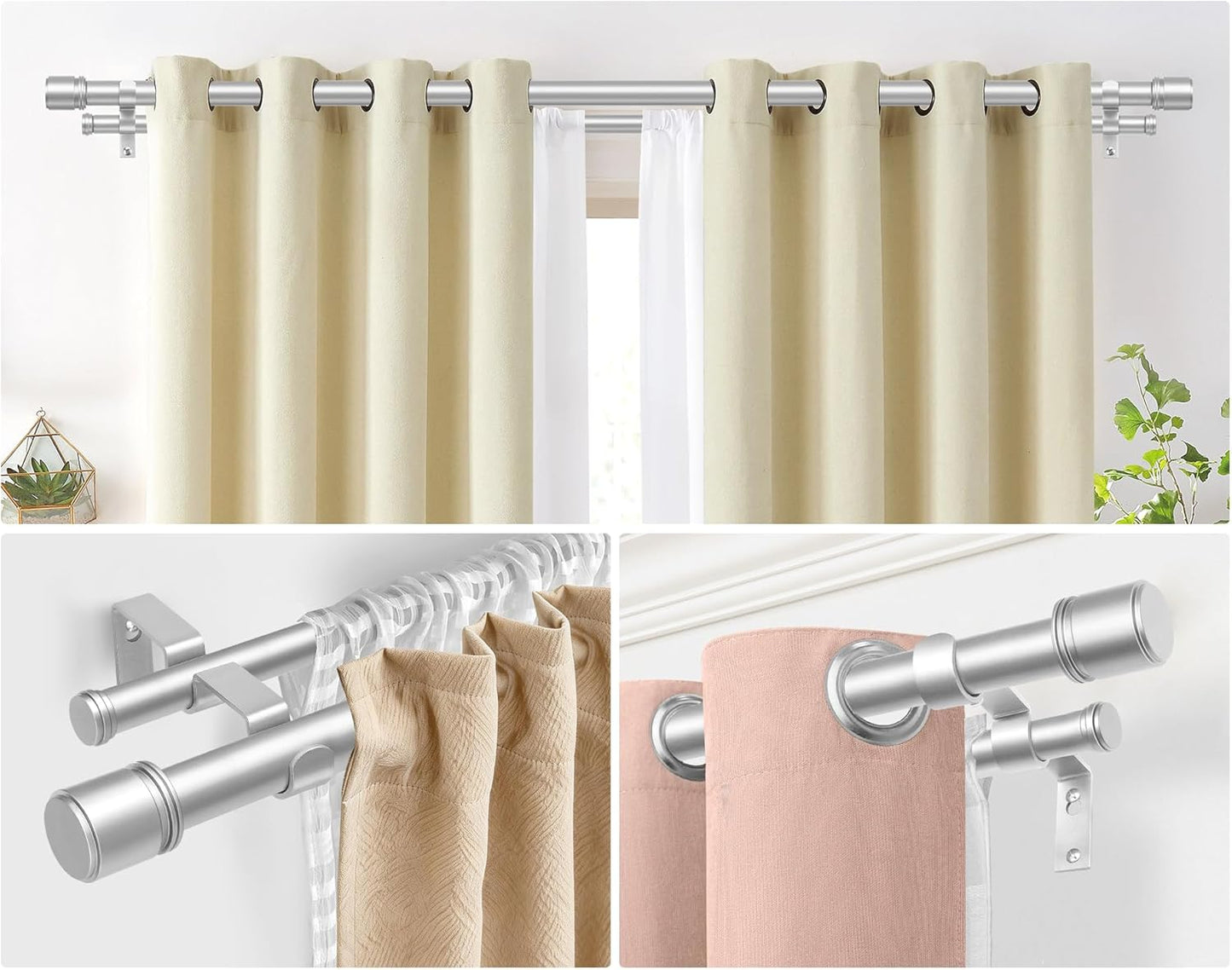 Double Curtain Rod 36 to 72 Inch, HOTOZON 1 Inch Heavy Duty Double Curtain Rods for Windows 24 to 68 Inches(2-5.6 ft), Telescoping Drapery Rod with Simple End Finials, Silver