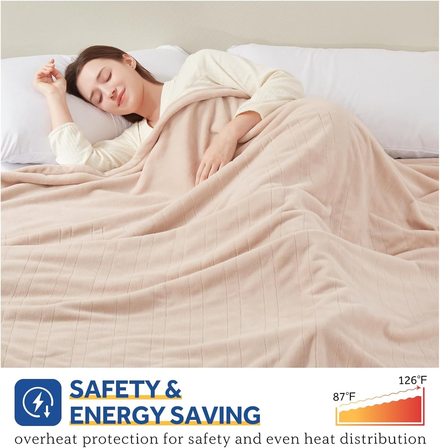 Sealy Electric Blanket King Size, Flannel Heated Blanket with10 Heating Levels & Auto Shut Off, Machine Washable, Beige, 100 x 90 Inch