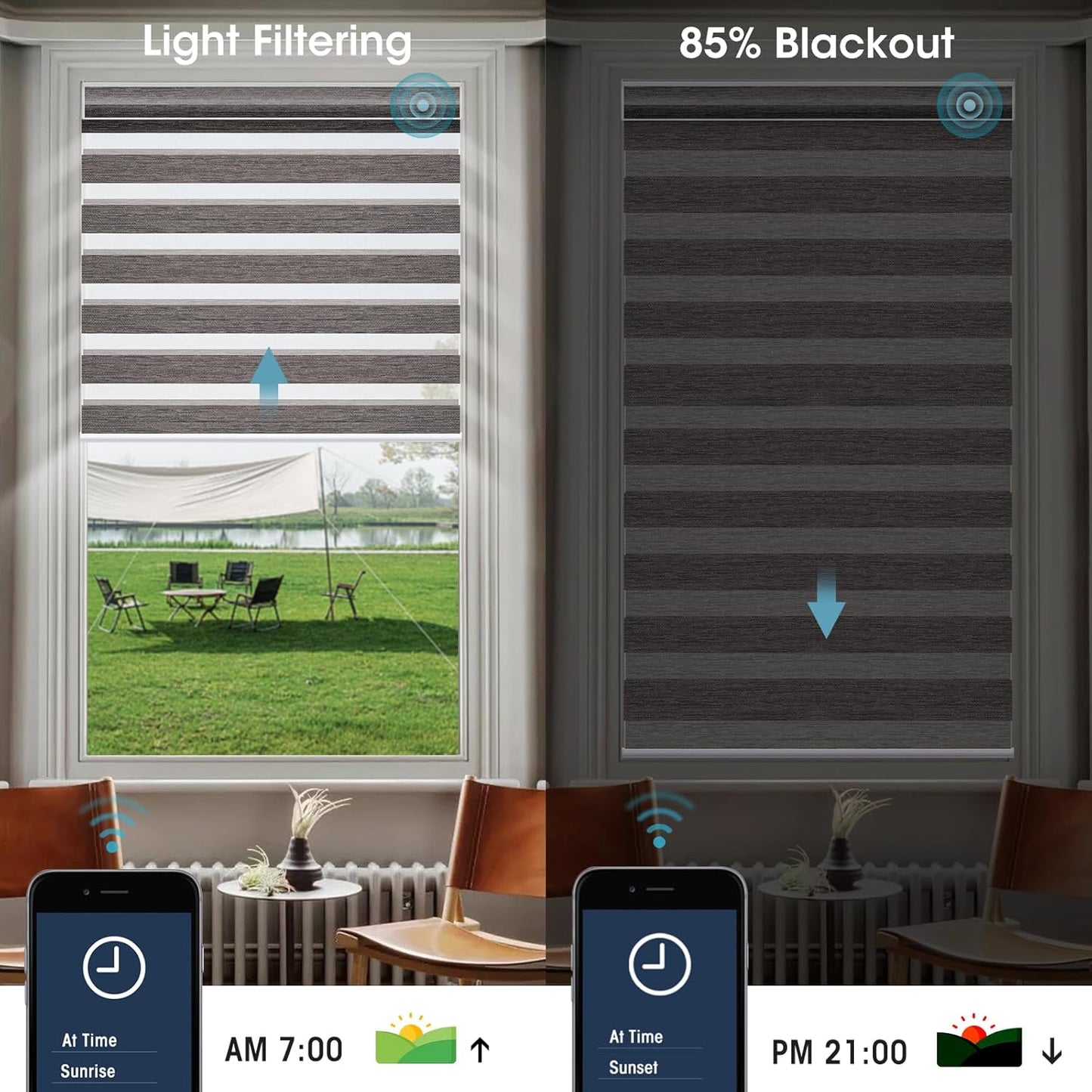 SmartWings Motorized Zebra Shades Compatible with HomeKit, Alexa SmartThings Google, Remote Control Light Filtering Sheer Shades, 85% Blackout Roller Shade, Smart Home/Office, River Stone, Customized