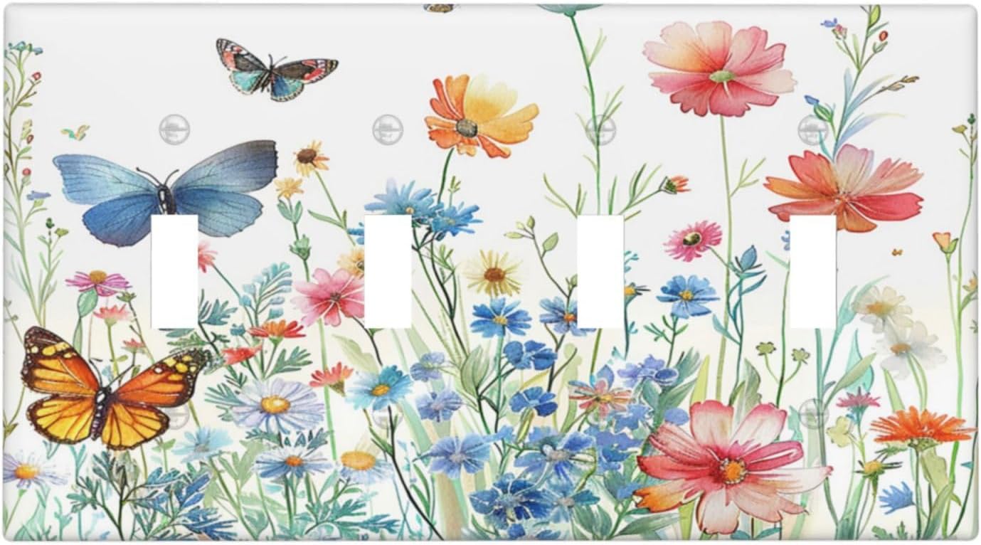 Decorative Light Switch Cover Plate Rustic Wildflower Blue Pink Floral Butterfly 4 Gang Wall Plates for Electrical Outlets Quad Toggle Switch Plate Covers Outlet Covers for Bedroom Decor