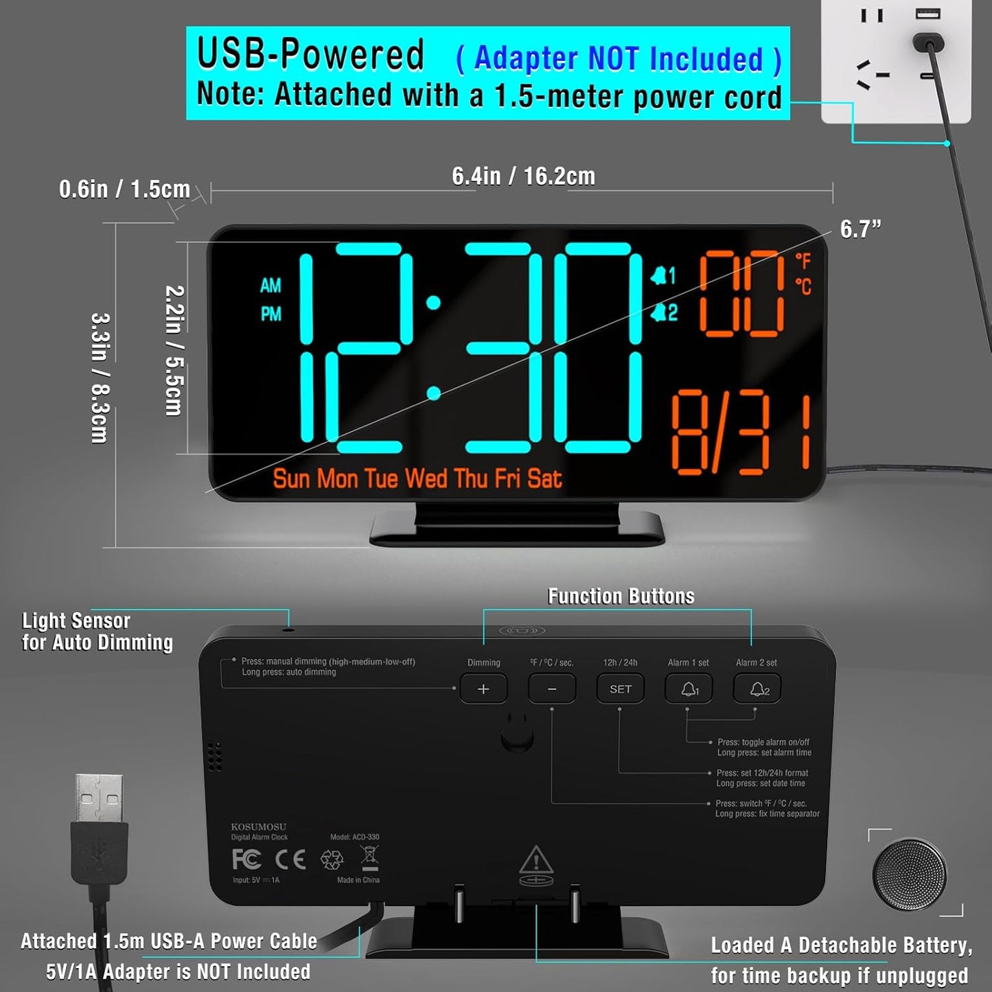 KOSUMOSU Alarm Clocks for Bedrooms, 6.7" Black Small Digital Clock LED, Desk Alarm Clock with Auto Dimming,Seconds, Day of Week, Indoor Temperature,Clocks for Living Room