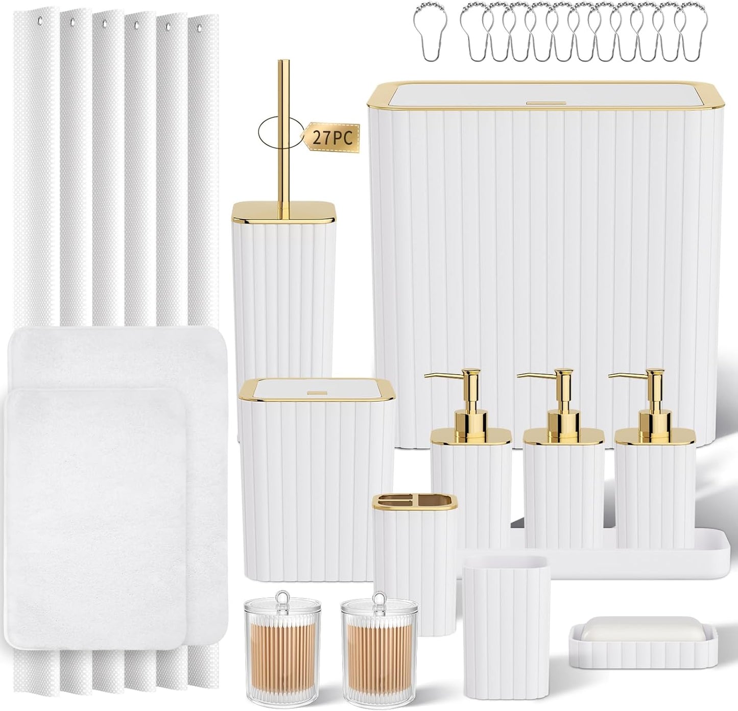Bathroom Accessory Set - Bathroom Set, 27PC Bathroom Accessories Set, White Bathroom Sets with Shower Curtain and Rugs, Mini Trash Can, Toilet Brush, Trash Can & Soap Dispenser
