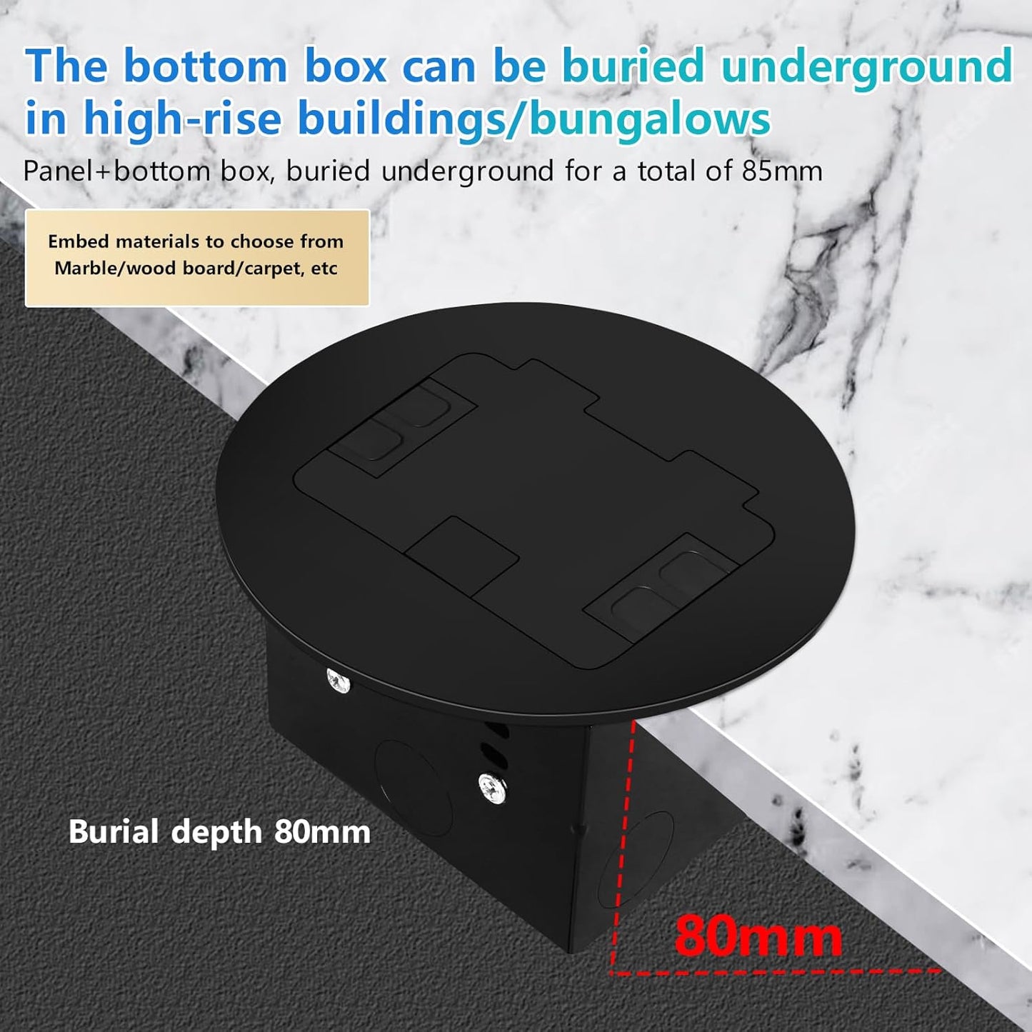 KYHSHJ Standard Outlets Recessed Circular Floor Socket Kit with 2 * 20A Receptacle，4.8A*2 USB-A Ports ，Corrosive Resistant Hardware,Black