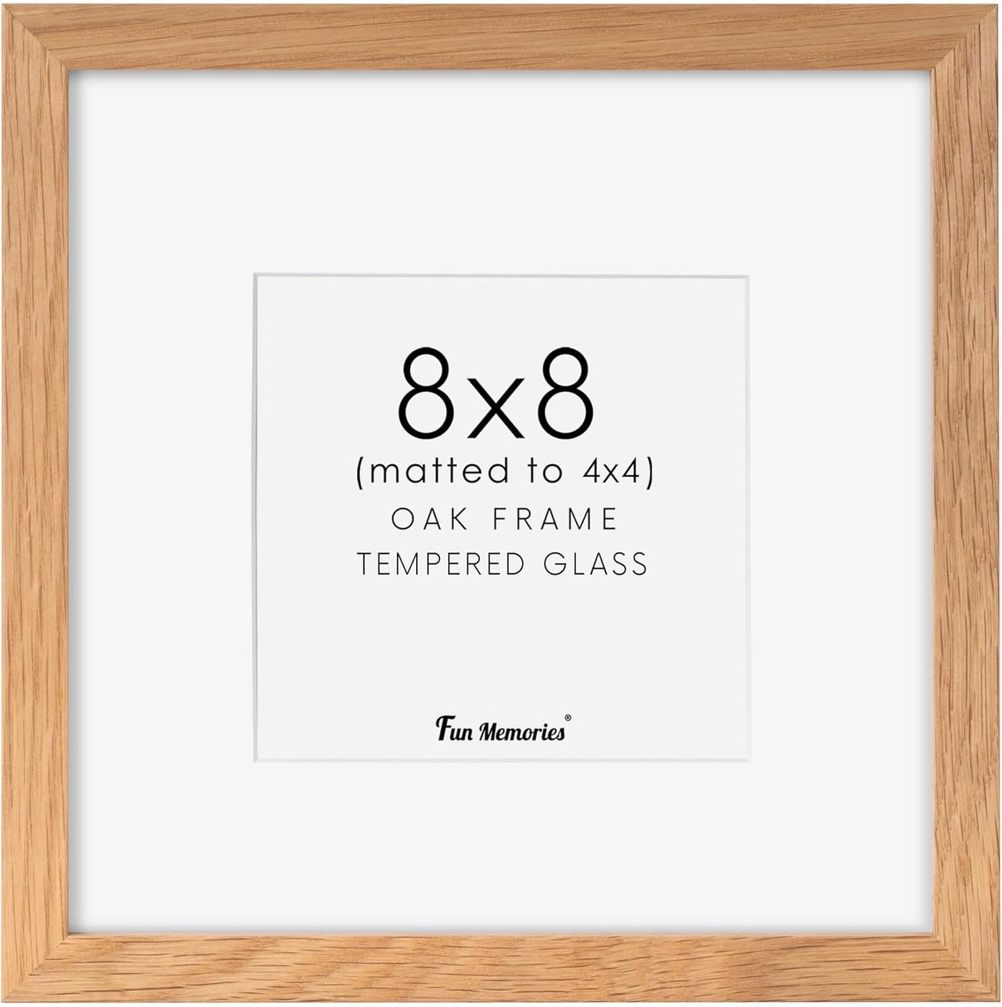 Fun Memories 8x8 Picture Frame, Solid Oak Wood 8 x 8 Picture Frames Matted to 4 x 4,Square 8 x 8 Wood Frame with Tempered Real Glass, Rustic 8x8 Photo Frame for Wall & Tabletop Display