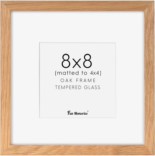 Fun Memories 8x8 Picture Frame, Solid Oak Wood 8 x 8 Picture Frames Matted to 4 x 4,Square 8 x 8 Wood Frame with Tempered Real Glass, Rustic 8x8 Photo Frame for Wall & Tabletop Display