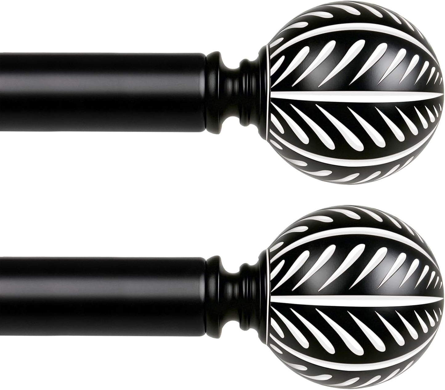 KAMANINA 2 Pack Curtain Rods for Windows 48 to 84 Inch(4-7ft), 1 Inch Boho Wood Decorative Drapery Rods, Adjustable Heavy Duty Curtain Rod with Leaf Pattern Finials, Black