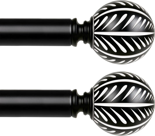 KAMANINA 2 Pack Curtain Rods for Windows 48 to 84 Inch(4-7ft), 1 Inch Boho Wood Decorative Drapery Rods, Adjustable Heavy Duty Curtain Rod with Leaf Pattern Finials, Black
