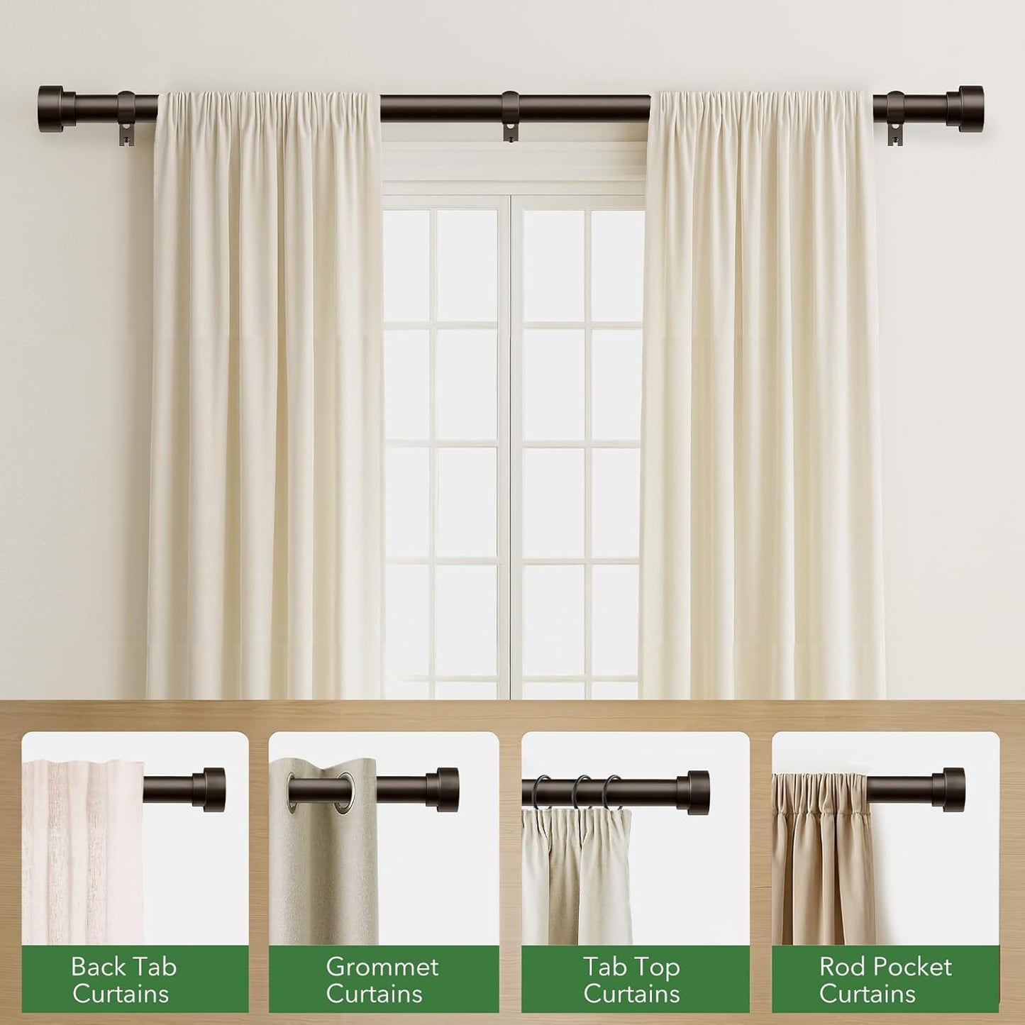Curtain Rods for Windows 32 to 240, 1 Inch Adjustable Heavy Duty Long Window Outdoor Curtain Rod for Patio, Drapery Rods with Simple End Caps, Size 32"-240", Antique Bronze