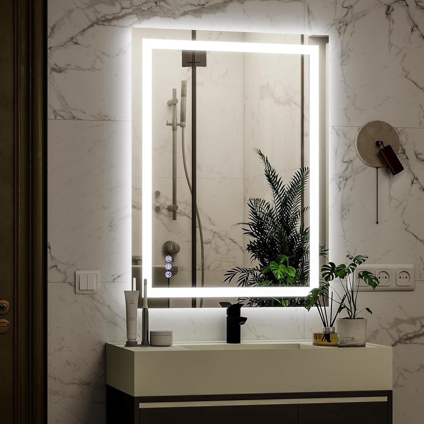 VooBang LED Wall Mounted Mirror with Lights, 24x32 inches Bathroom Mirror, Button to Adjust Lights, Three Lighting Modes, Tempered Glass with Anti-Fog Function, Suitable for Vanity and Bedroom, White