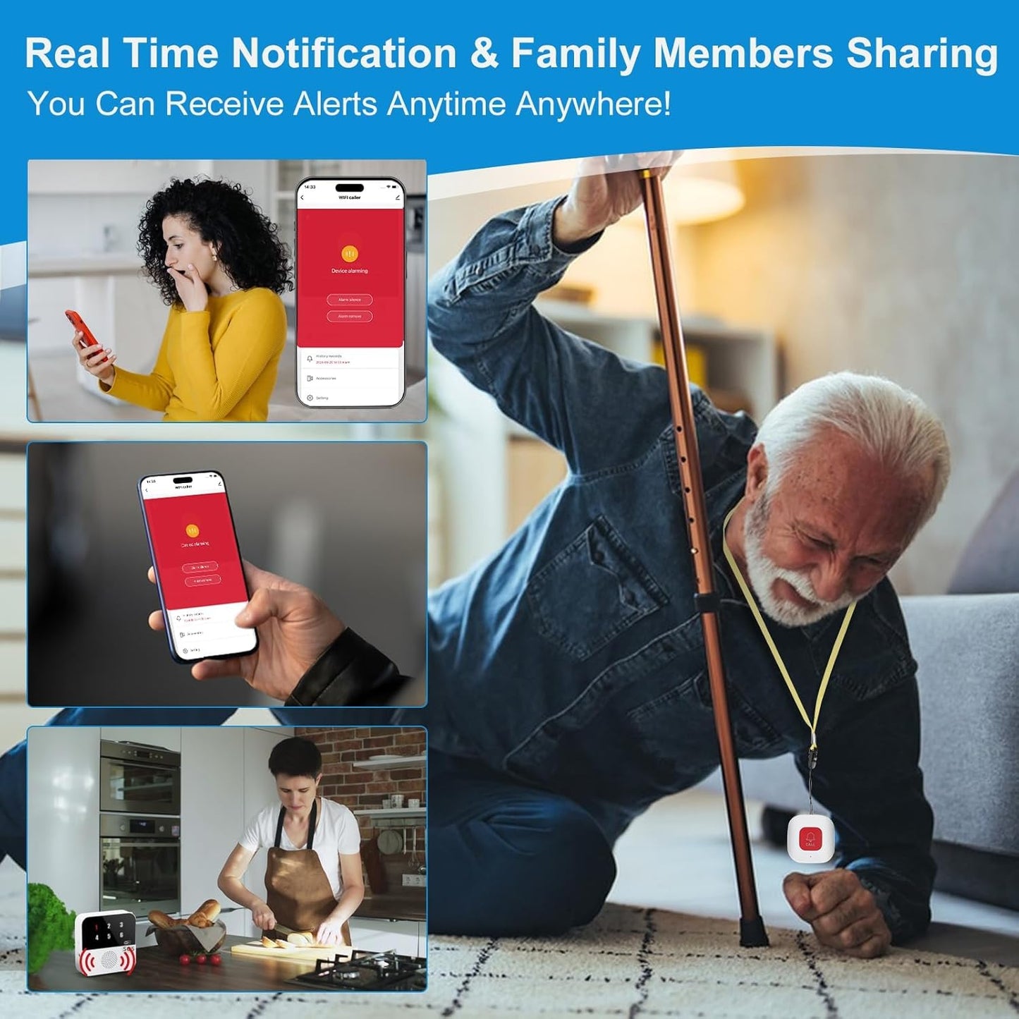 Life Alert Systems for Seniors No Monthly Fee, App-Controlled Caregiver Pager, LED Number Display 1Waterproof Wrist Remote Control 2Call Button 1Receiver(Only Supports 2.4GHz Wi-Fi)