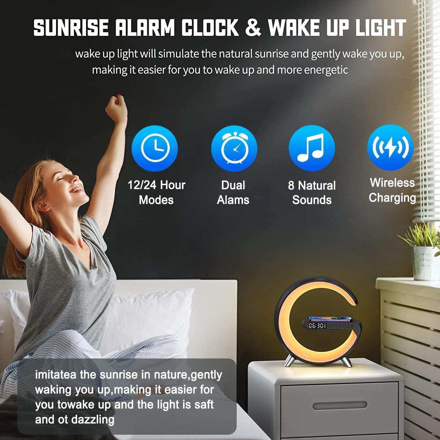 Smart LED Table Lamp, 5-in-1 Night Light Fast Wireless Charging Station, 256 Lights Mode Dimmable Bedside Lamp, Bluetooth Speaker & App Control for Bedroom, Home Decor, Alarm Clock for Festival Gifts