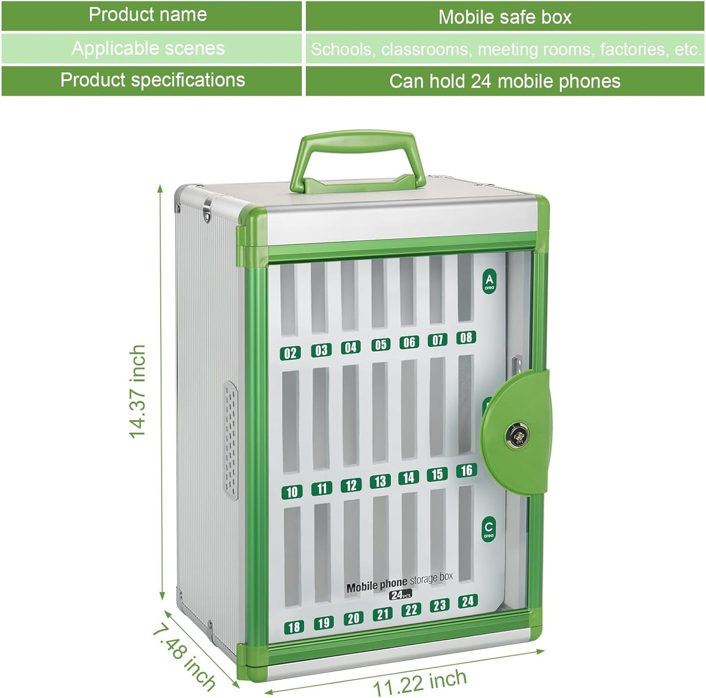 Glosen 24 Slots Cell Phone Locker, Portable Phone Storage Cabinet [Wall Mounted] [Aluminum Alloy] Cellphone Lock Box with Key & Handle for School Classroom Office Exam (Green)