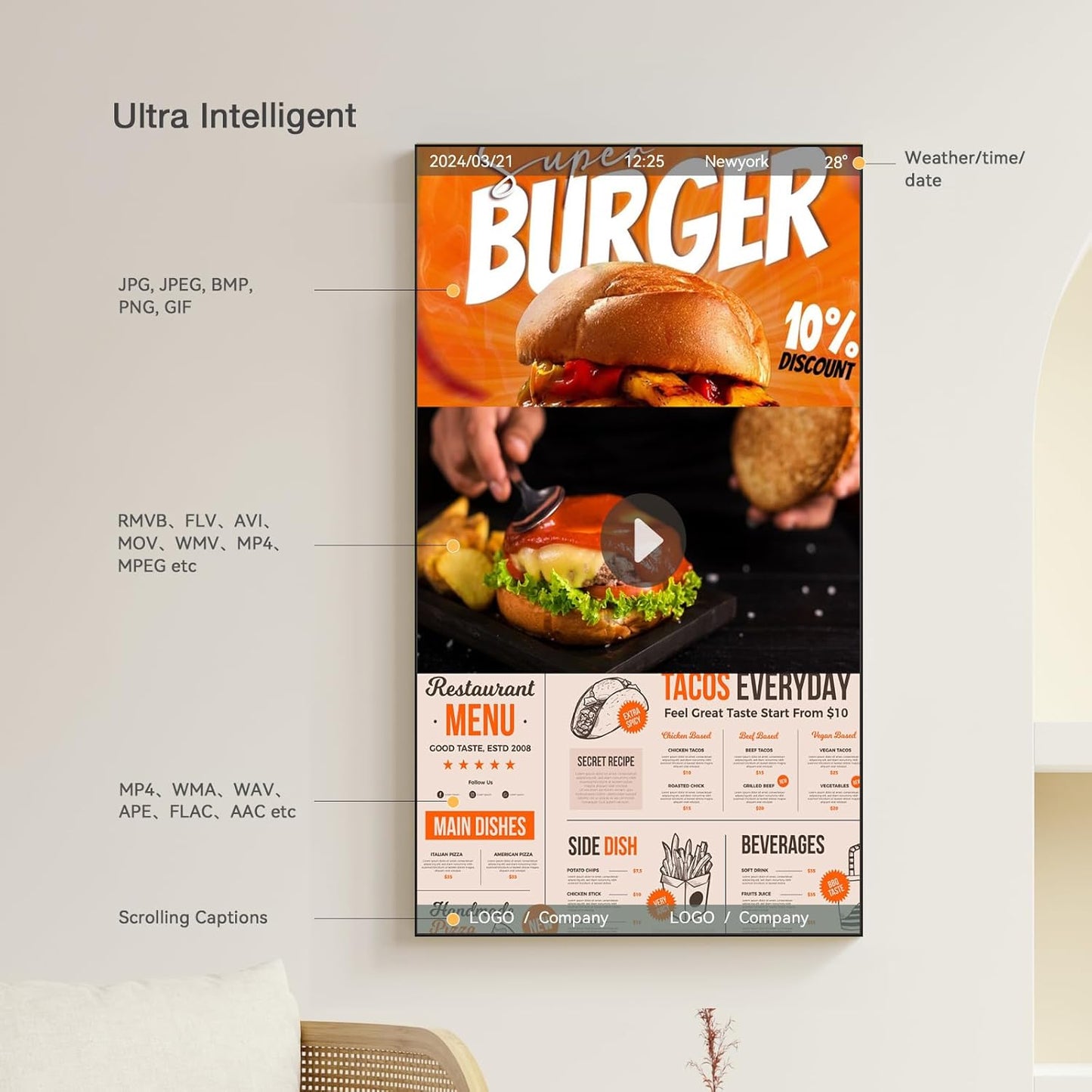 85inch Ultra-Slim Bezel-Less Digital Signage Display 4K HD 700 Nits Wall-Mountable Digital Signage Monitor 4+64G Android System HDMI Connectivity Ideal For Wayfinding Advertisingand More