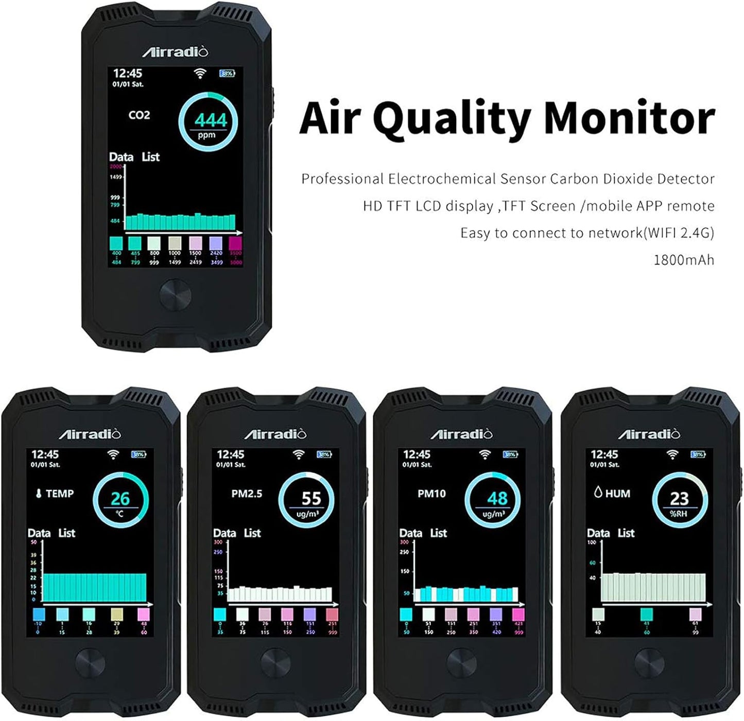 AirRadio Air Quality Monitor Meter A6 Carbon Dioxide Detector Air Quality Pollution Tester for CO2 PM2.5 PM10 Temp Humidity in Indoor Air Quality Meter with Electrochemical Sensor,Black
