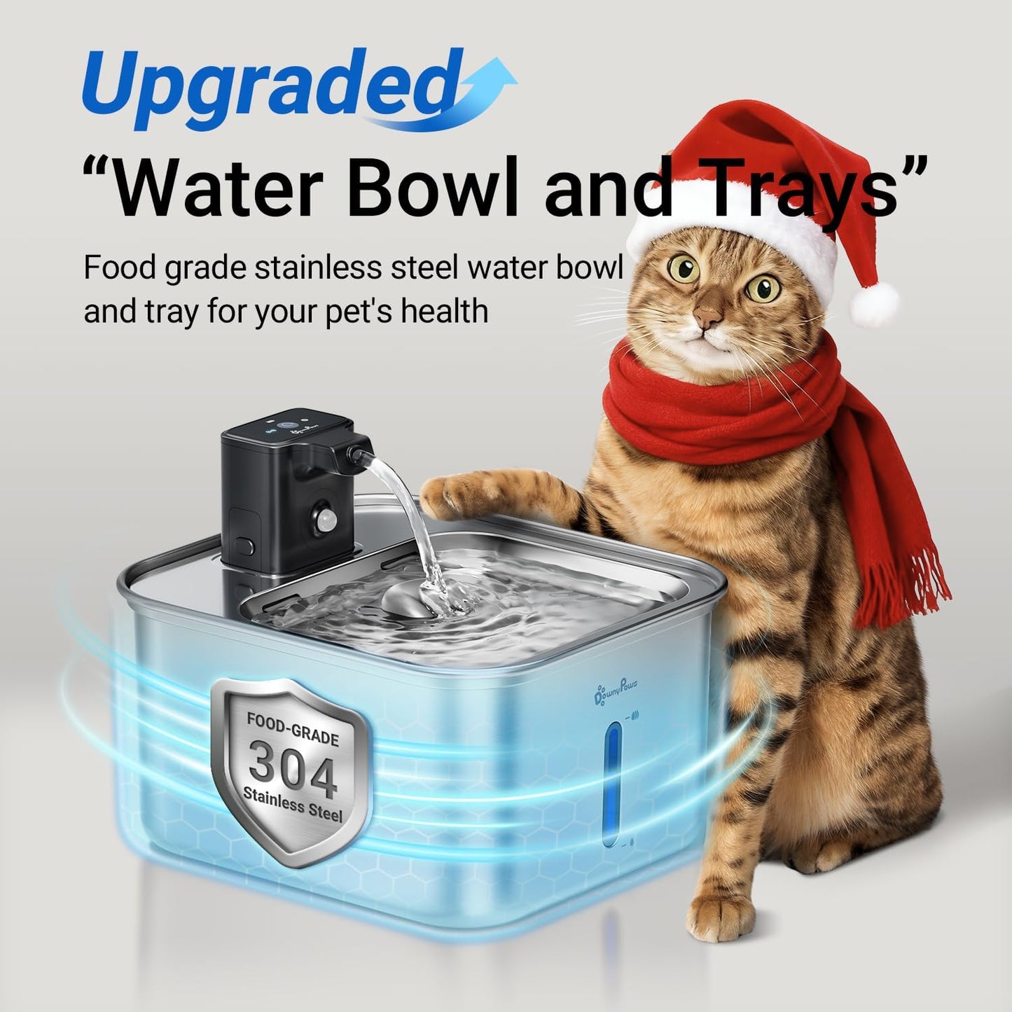 DownyPaws Cat Water Fountain Stainless Steel Wireless, 101 oz/3L FurSink Cordless Water Fountain for Cats, Battery Operated Cat Fountains for Drinking with Motion Sensor, Easy Clean, Metal