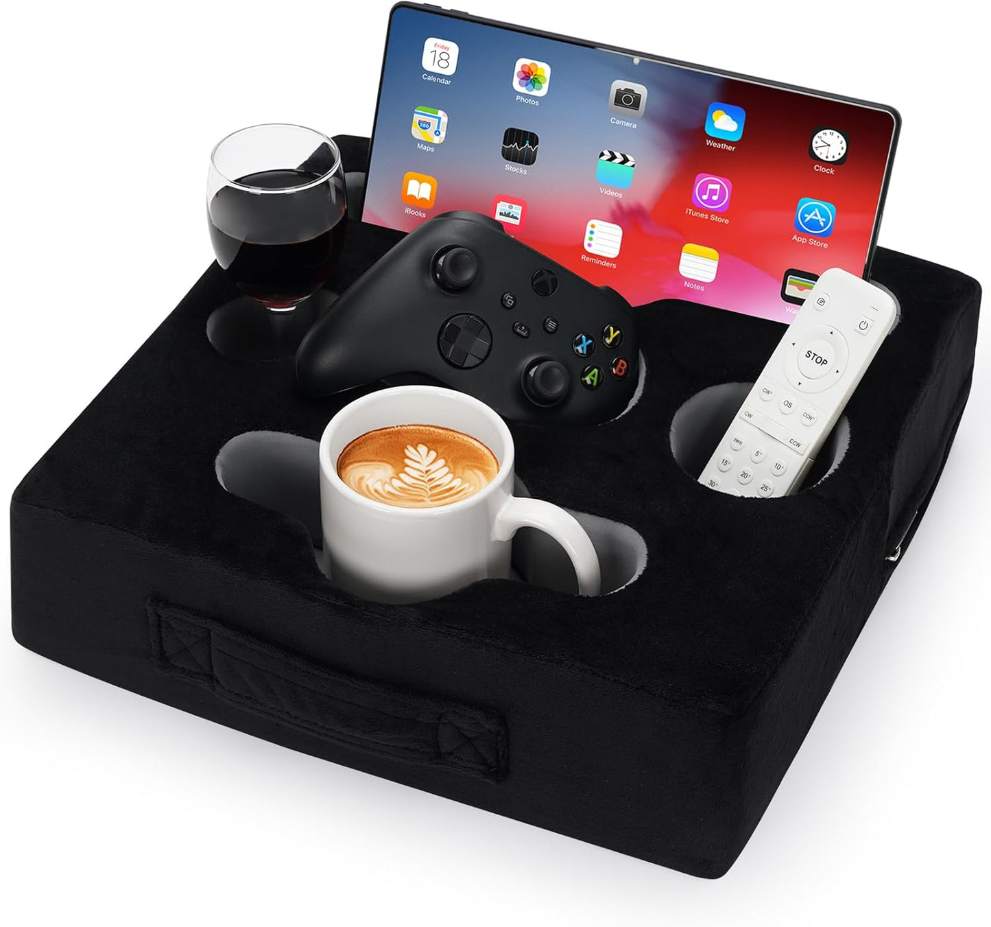 STBoo Couch Cup Holder Pillow Tray - Sofa Drink Cup Holder Cozy Buddy | Bed Caddy Organizer for Remote, Snacks Beverage, Phones, Tablet | Use it on Car, Pack, Beach, RV, Boat, Bedroom (Black)