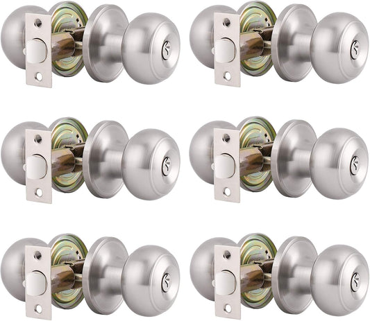 Gobrico Round Satin Nickel Keyed-alike Entry Locks Knobs 6Pack, Front Enry Door Knobs with Lock and Same Key, Round Ball Style Locksets Door Handles