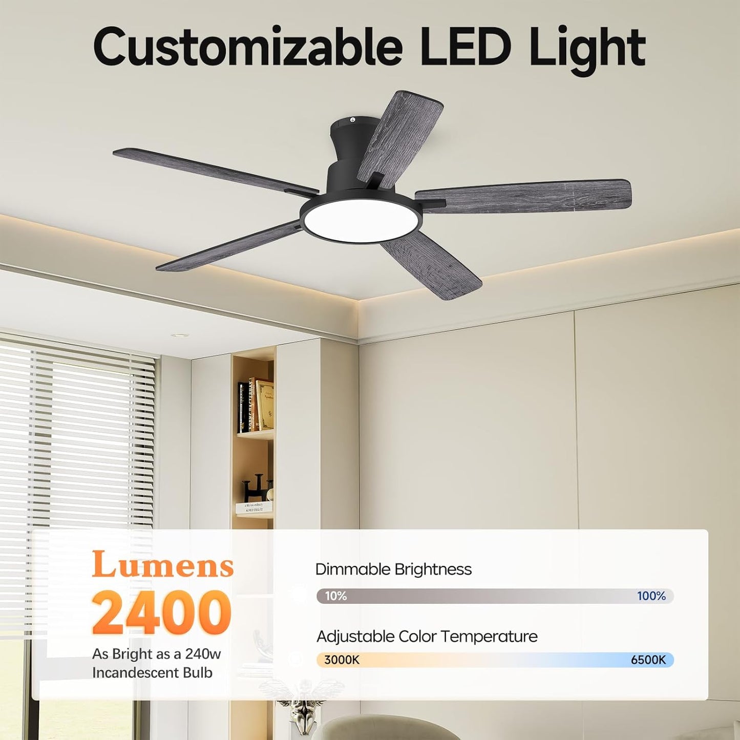Ceiling Fans with Lights,52 inch,Nightlight,Quiet,Reversible Motor,6 Speeds,Timer, Low Profile Ceiling Fan for Bedroom,Living Room,Indoor/Outdoor Use(Gray)